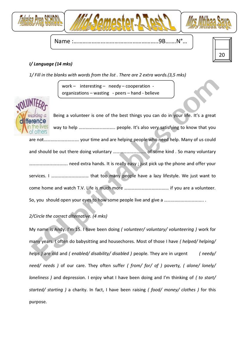 Mid-Semester 2 test N 2 9th form Tunisia