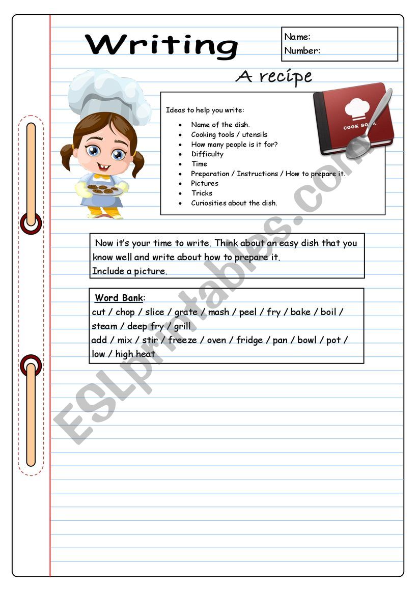 Writing - A recipe worksheet