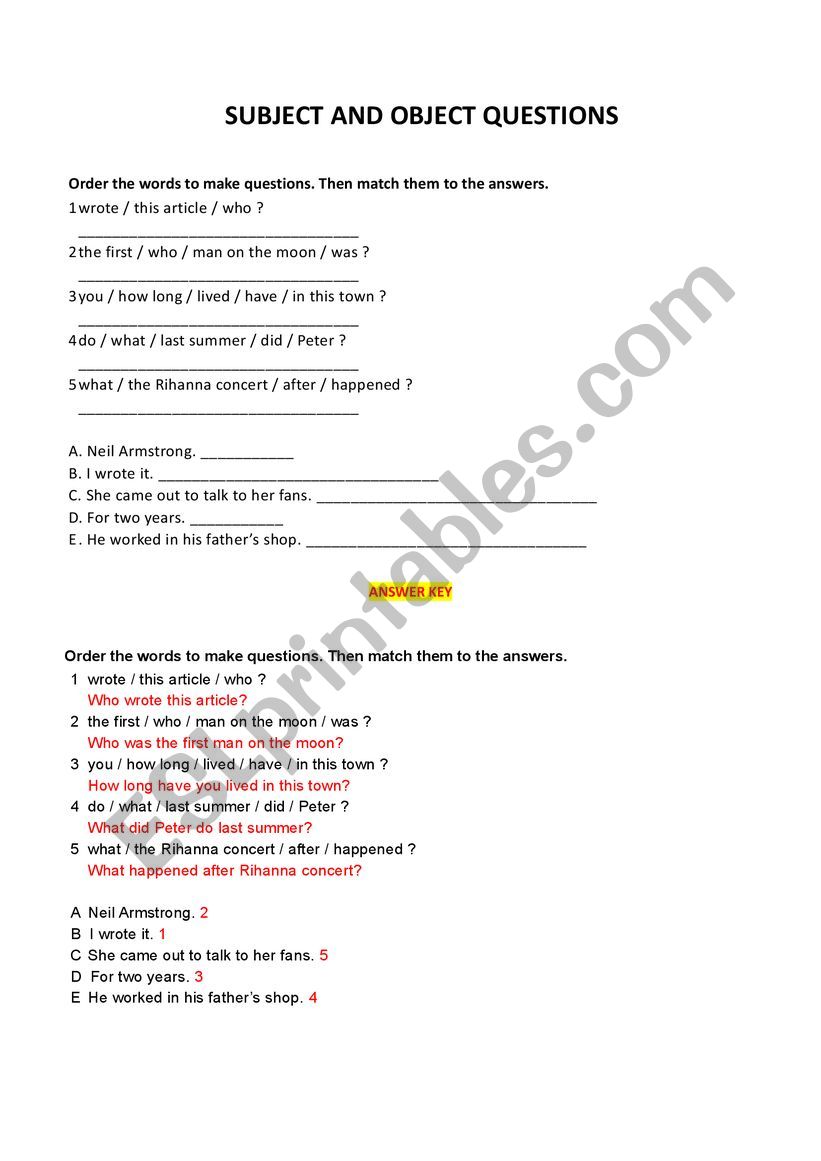 Subject and Object Questions worksheet