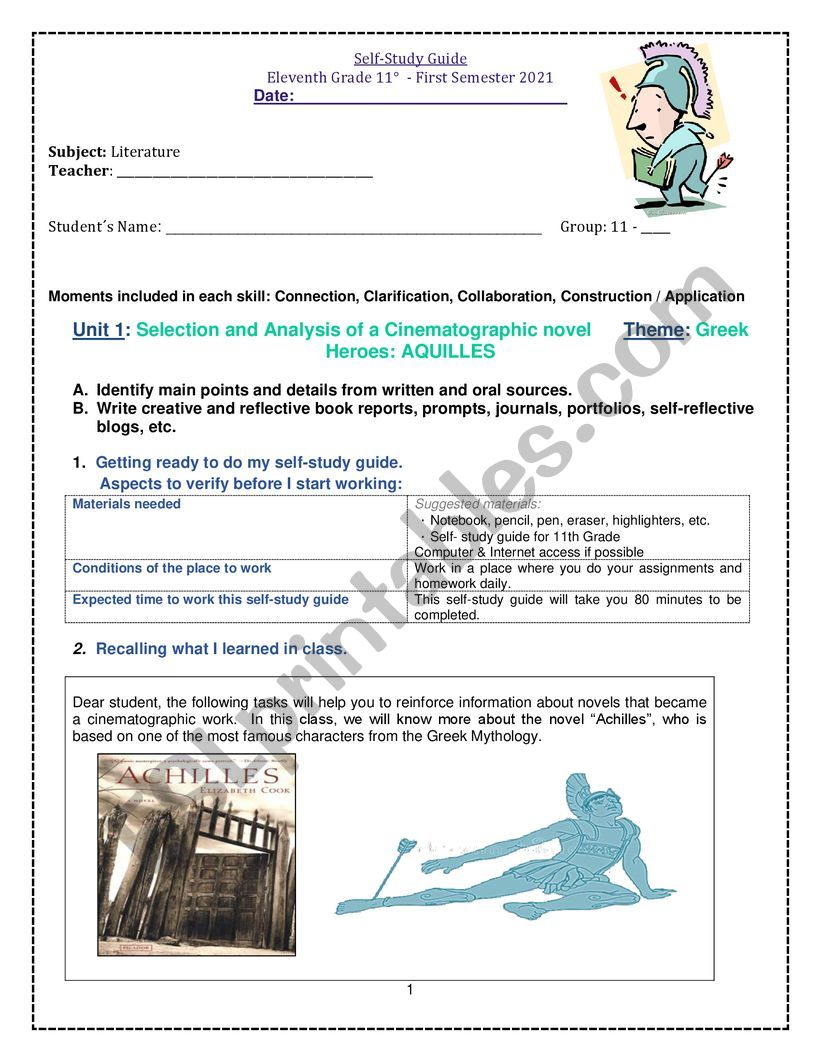 Myths Literature#2  Achilles worksheet