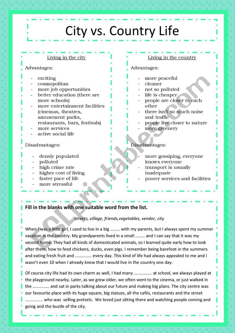 City vs. Country Life worksheet