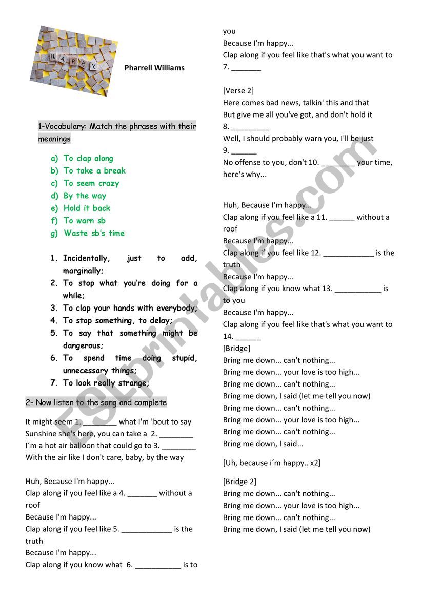 HAPPY- PHRARREL WILLIAMS worksheet