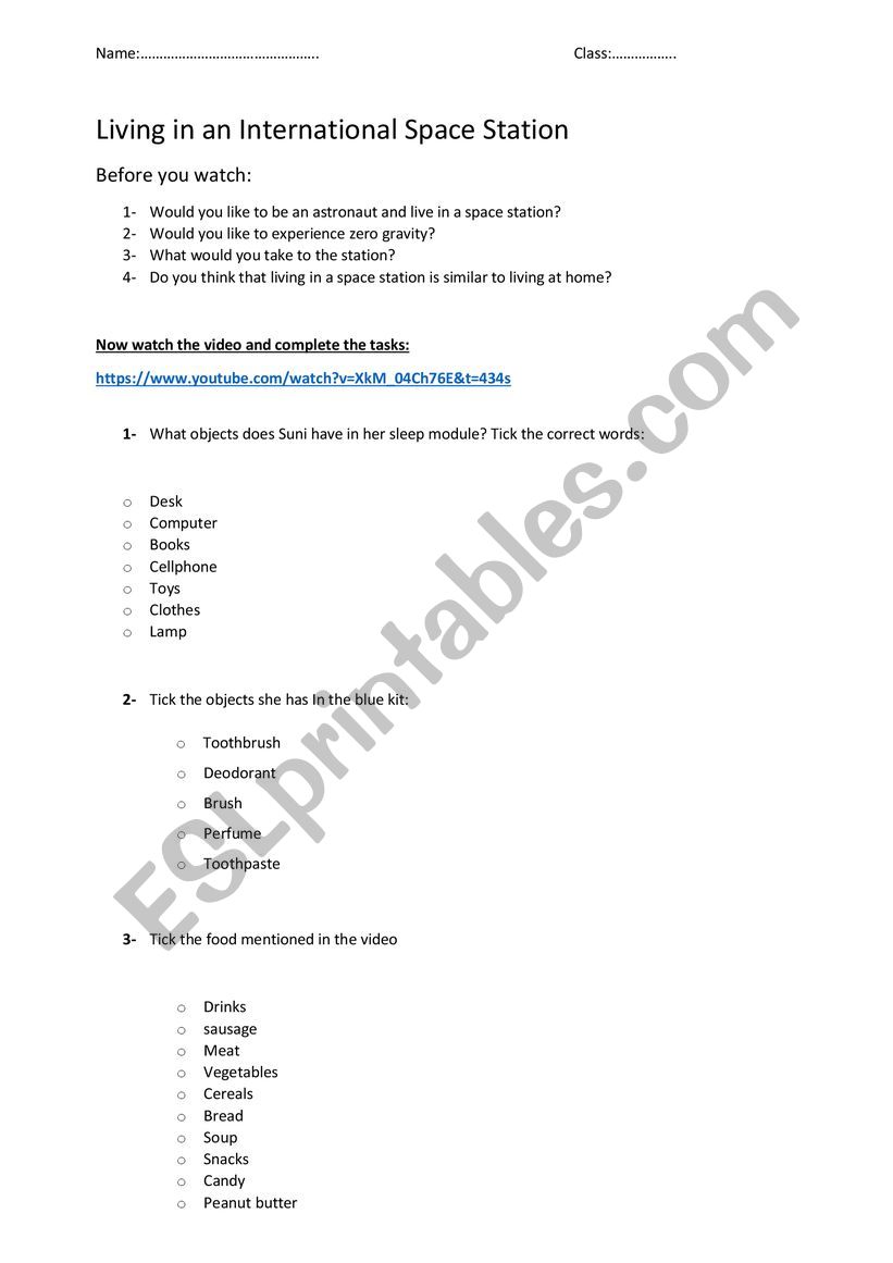 Daily life in a space Station worksheet