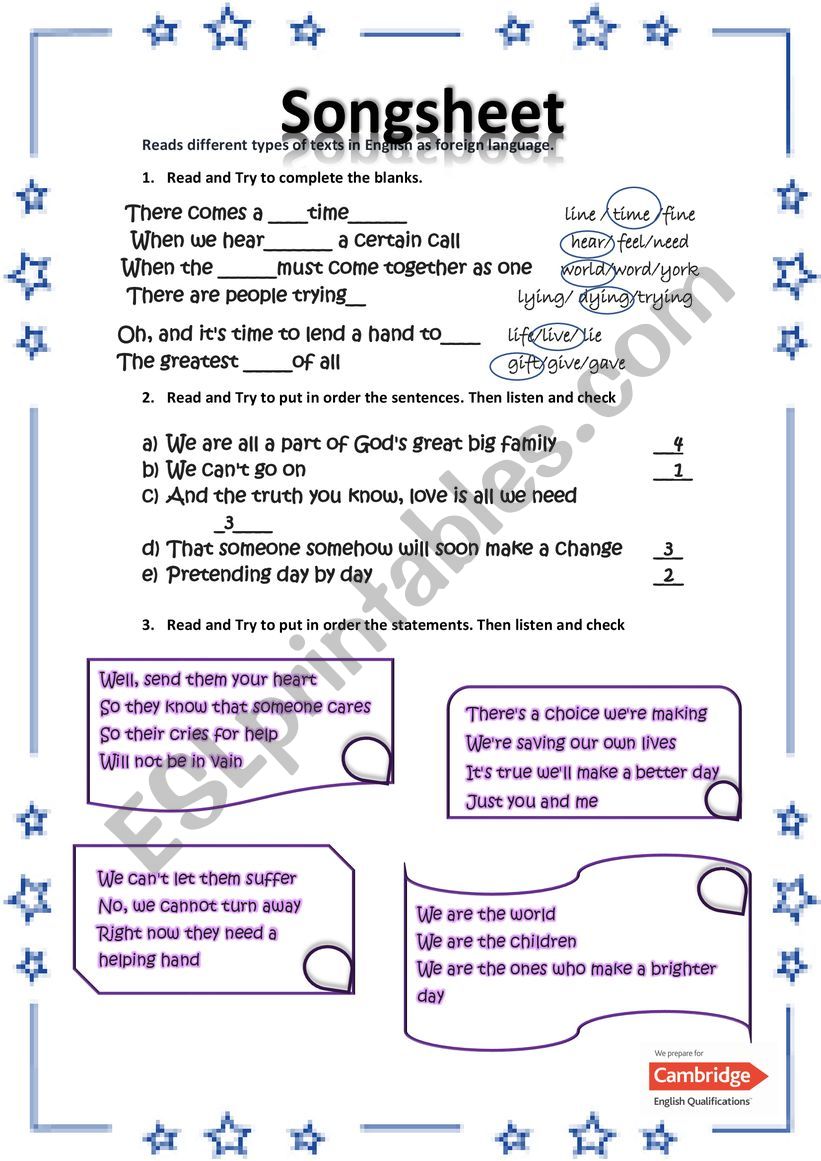 Songsheet worksheet