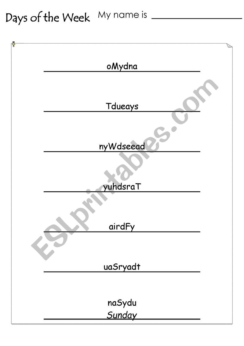 days of week worksheet
