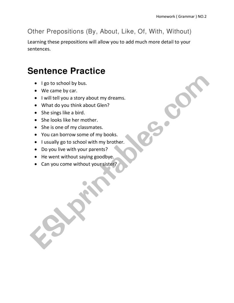 preposition worksheet
