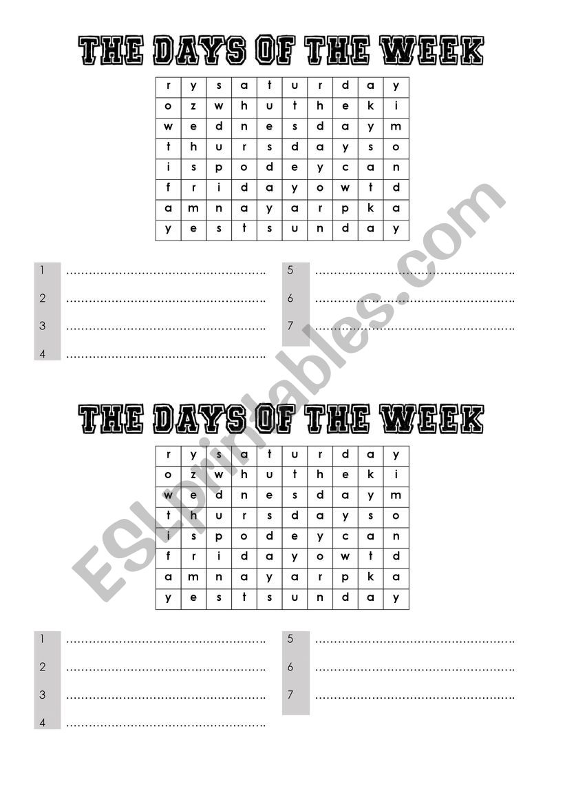 The days of the week worksheet