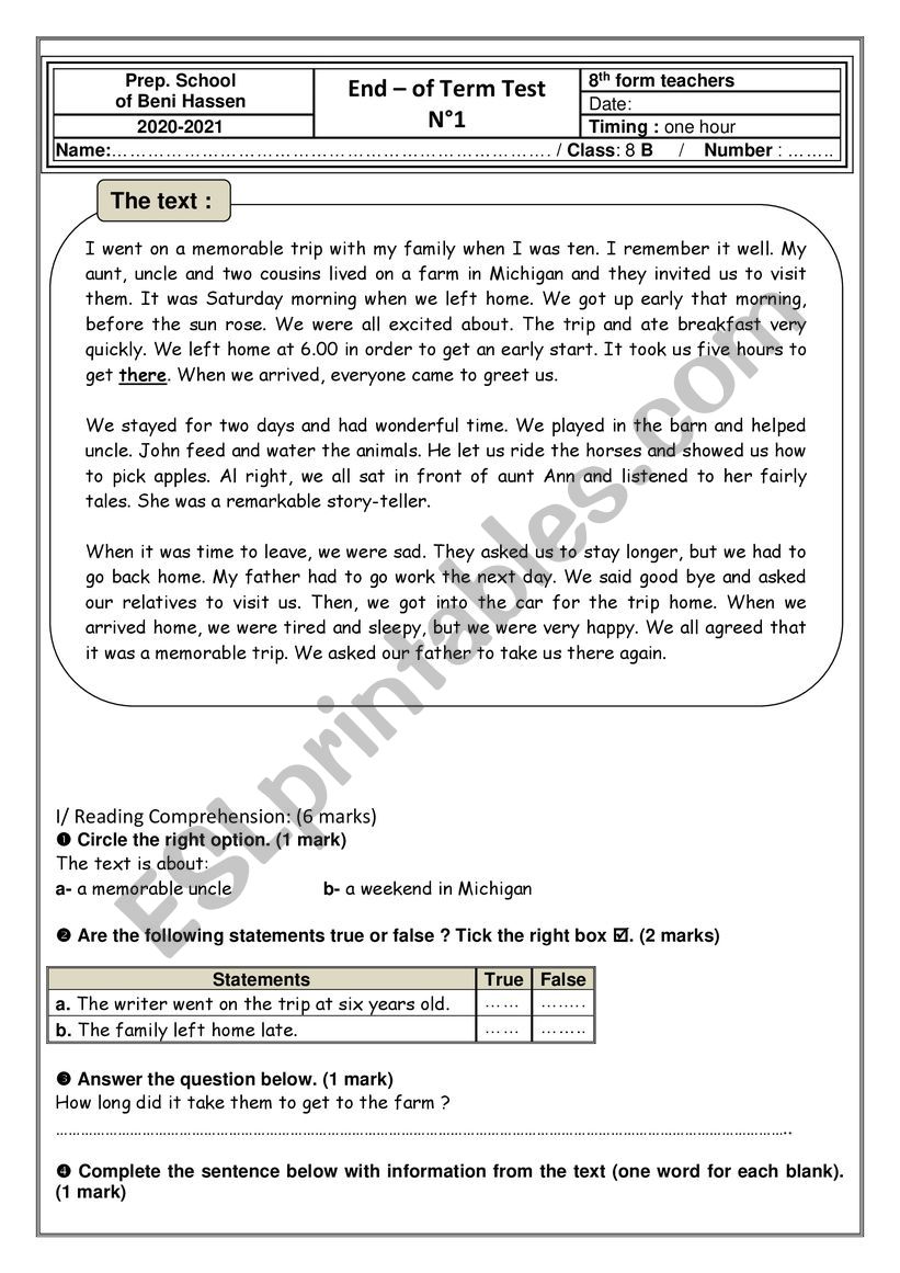 end of term test n 1 8th form worksheet
