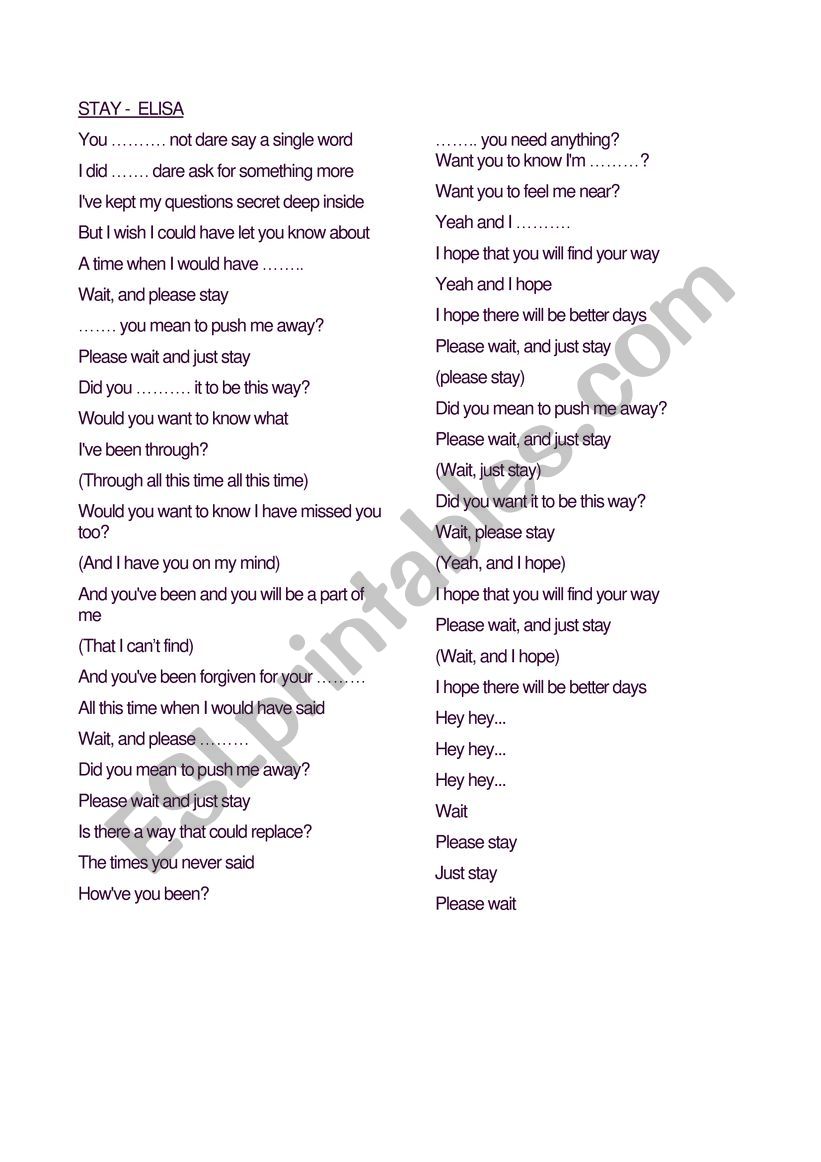 Song: Stay by Elisa worksheet