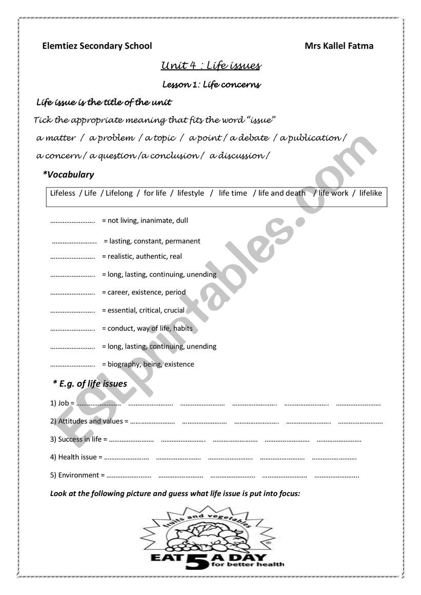 unit 4 lesson 1 life issue worksheet