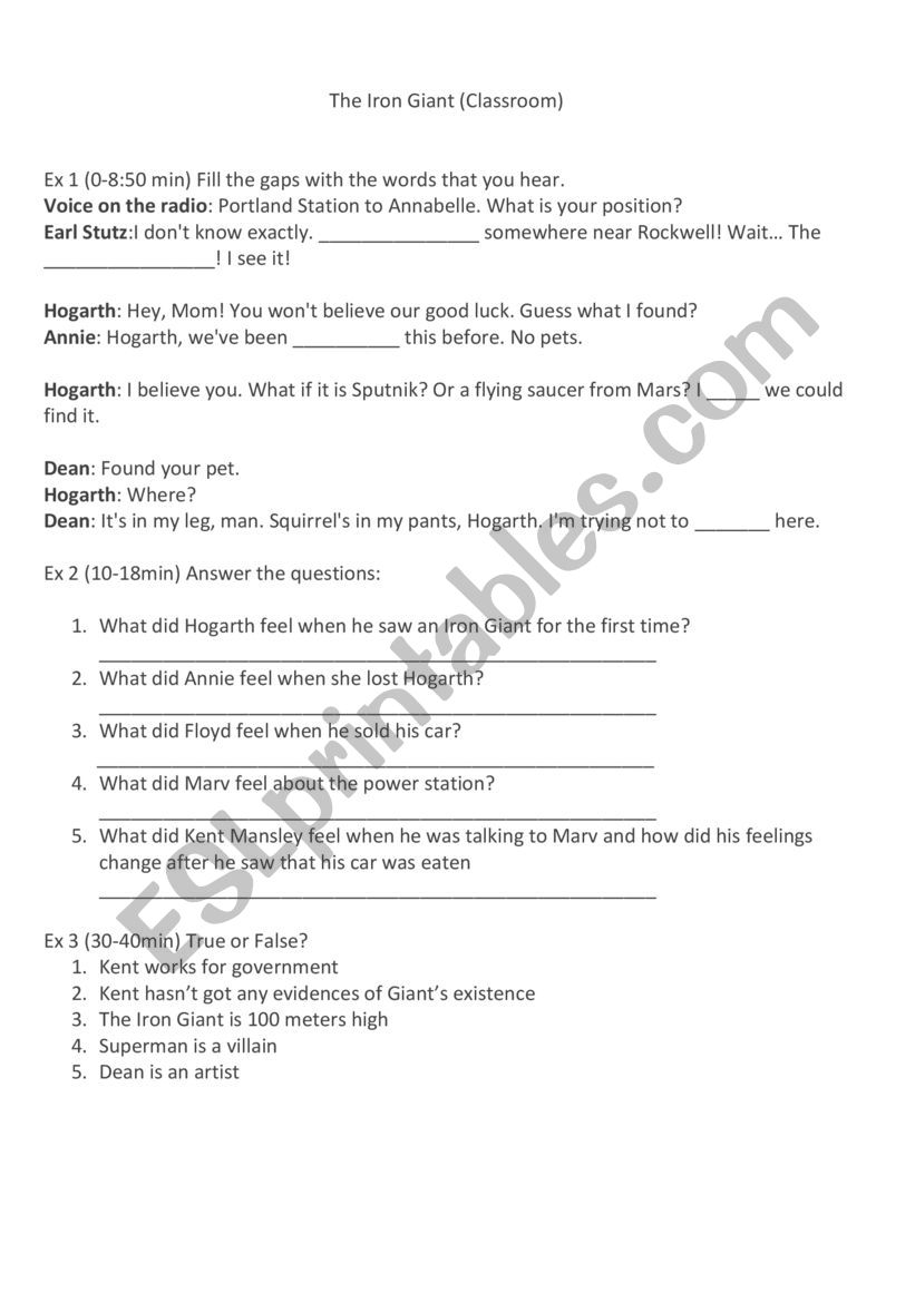 The Iron Giant movie worksheet