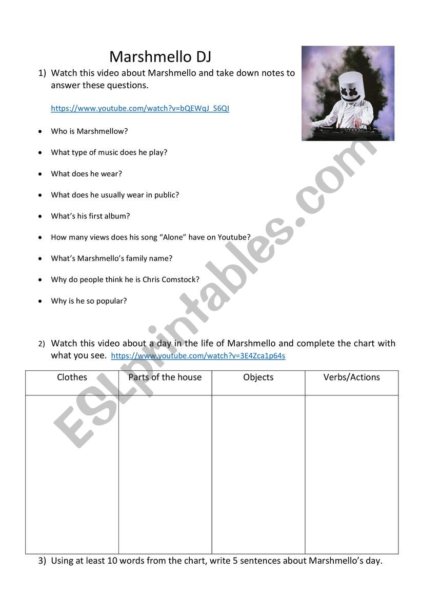 Marshmello DJ�s routine worksheet