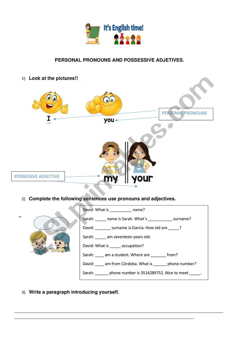 personal pronoun I, you worksheet