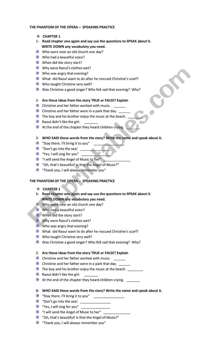 The Phantom of the Opera worksheet