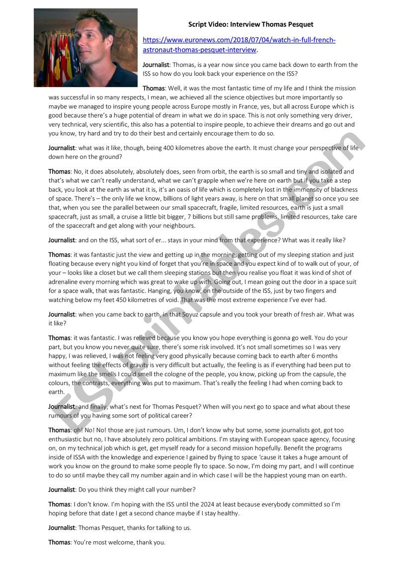 Space Conquest. Thomas Pesquet Script interview