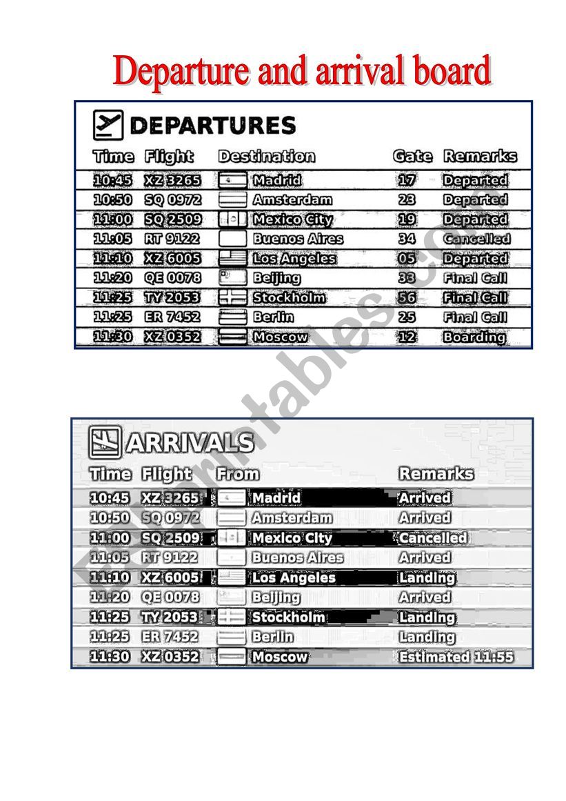Departure and arrival board worksheet