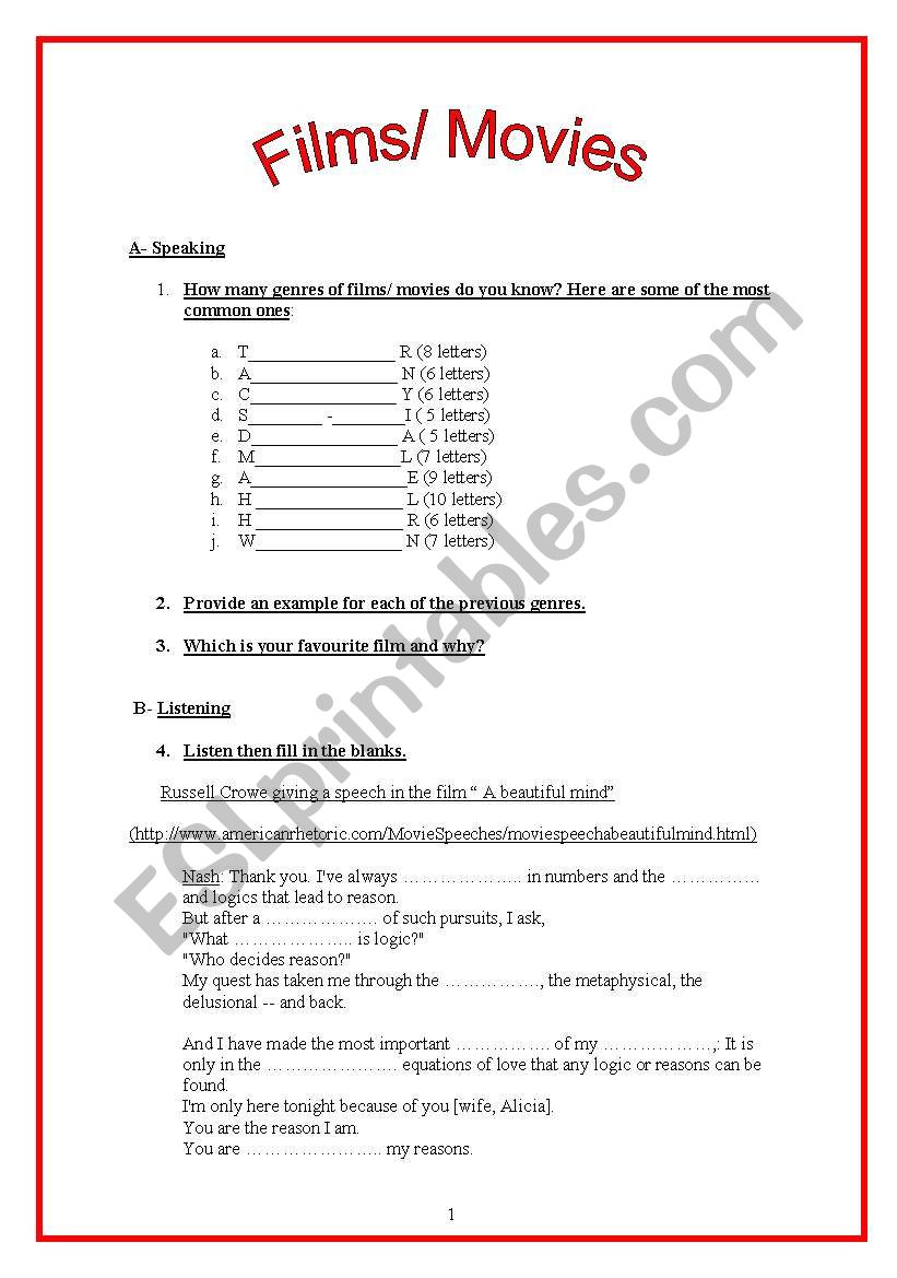 Films/Movies worksheet