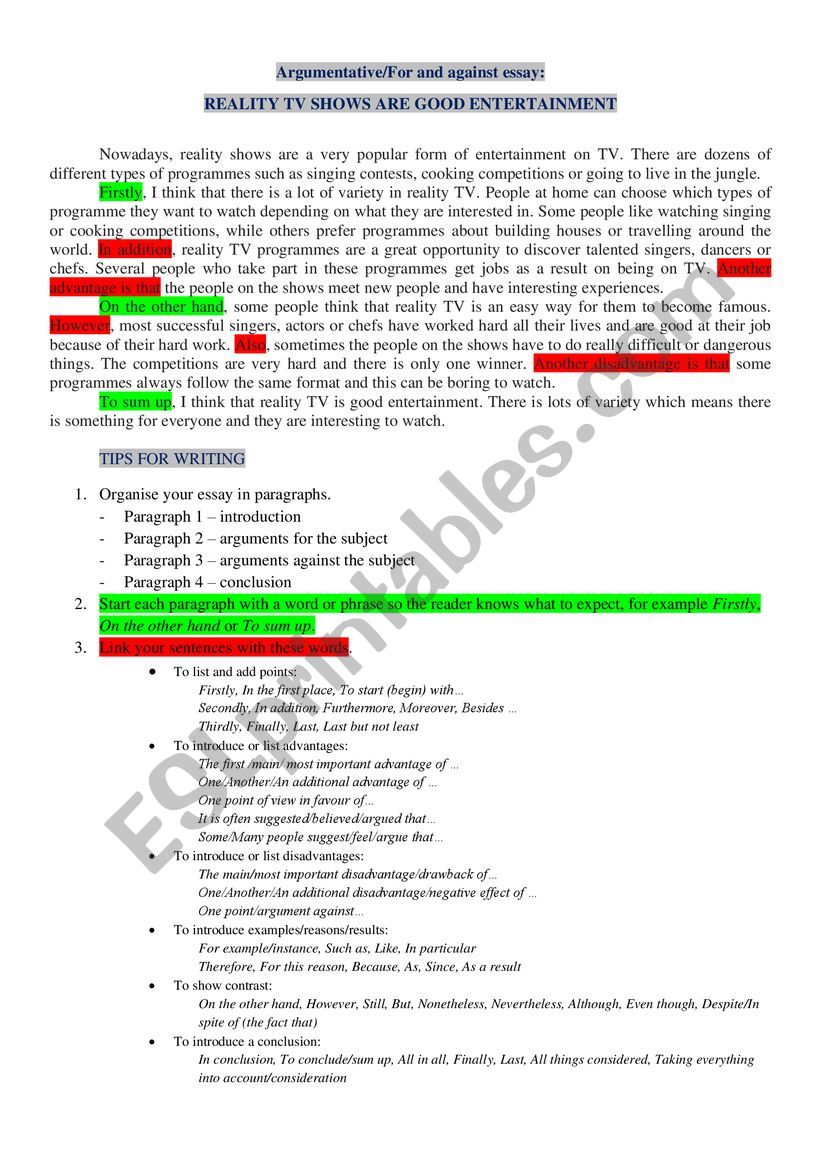 For and against essay - TIPS worksheet