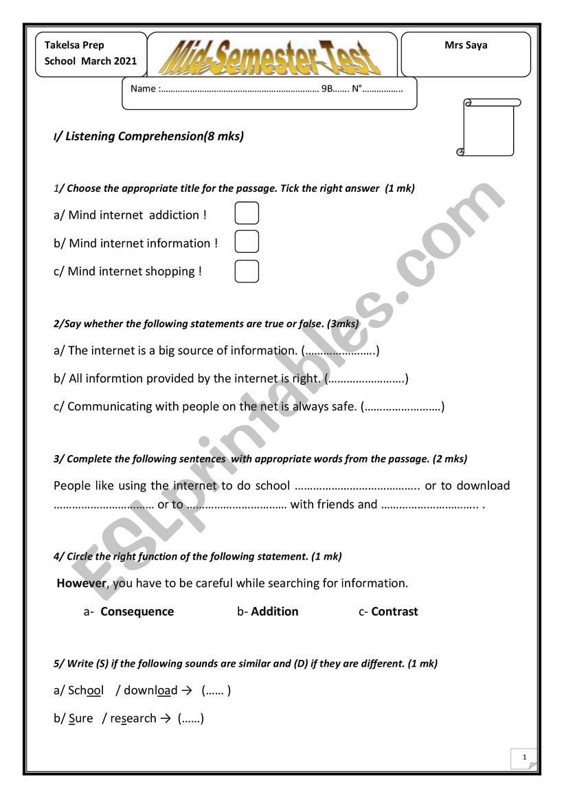 Mid-semester test 9th form Tunisia