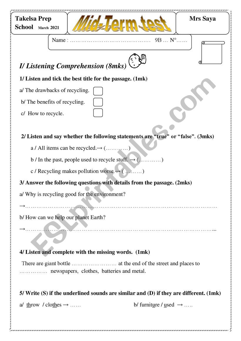 Mid- term test 9th form tunisia