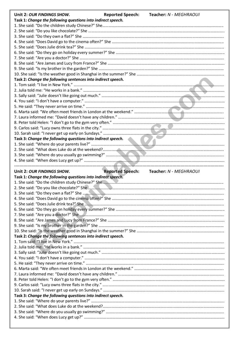 Reported Speech worksheet