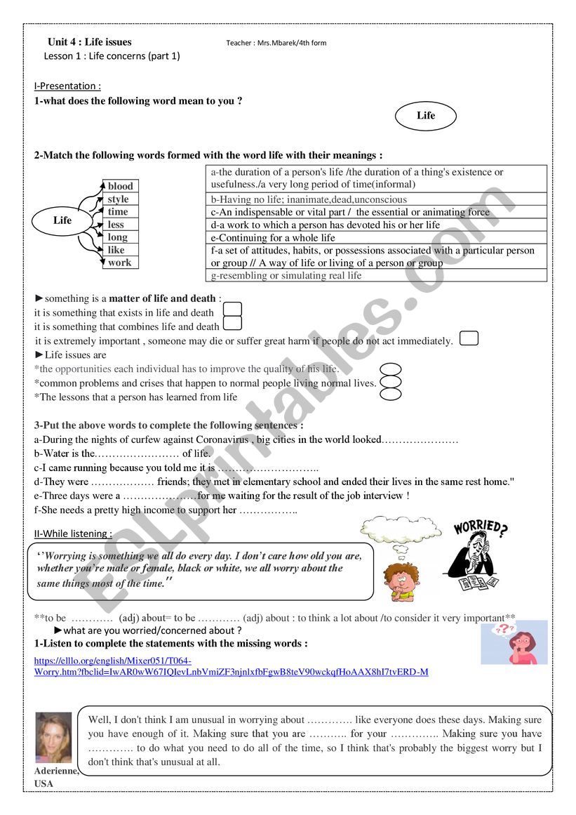 unit 4 lesson 1 :life concerns (part 1)