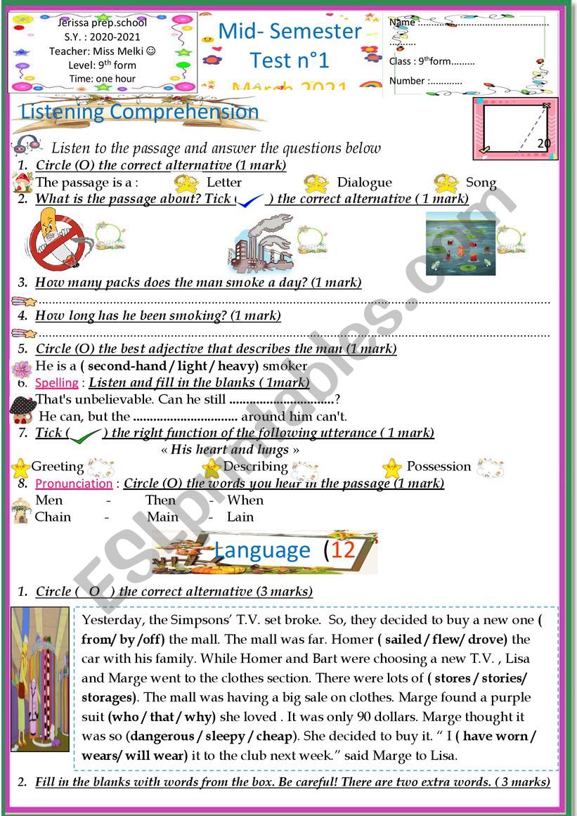 9th form test worksheet