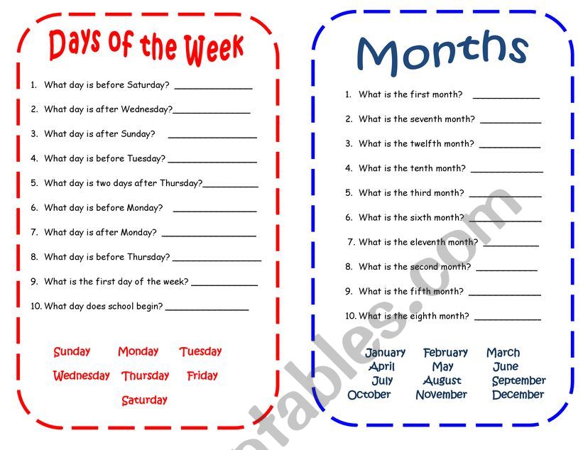 days and months activities worksheet
