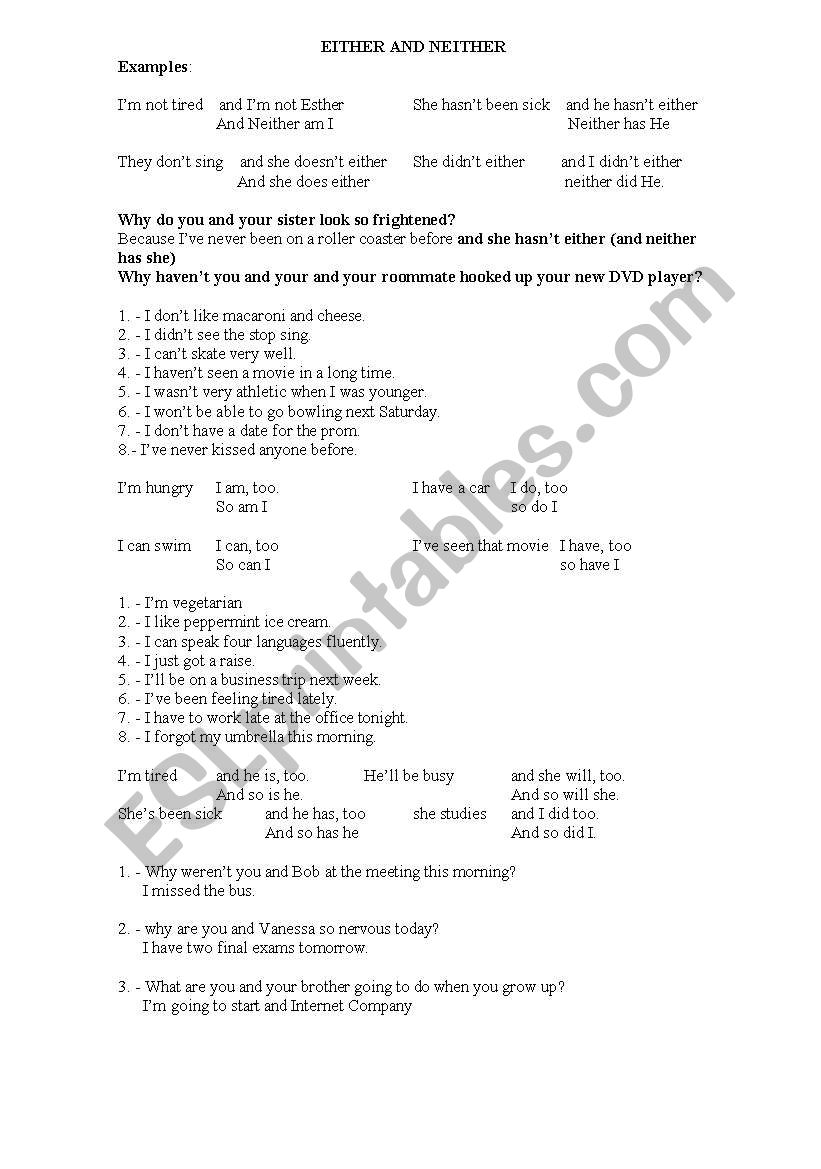 EITHER AND NEITHER worksheet