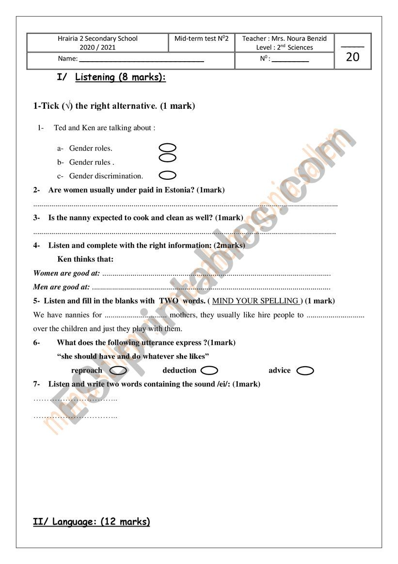 2nd form mid semester test 2 worksheet