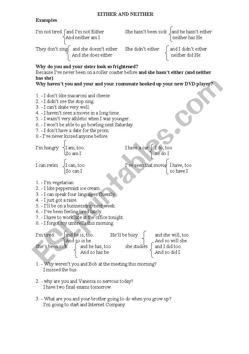 either and neither  worksheet