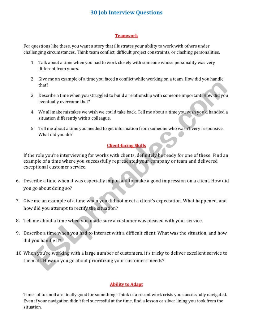 30 Job Interview Questions worksheet