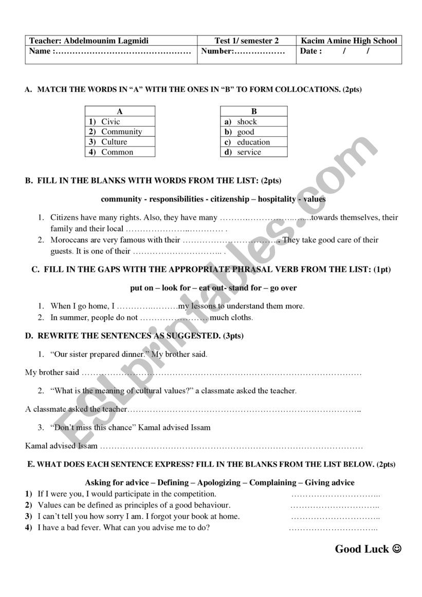 2Bac Language Quiz  worksheet
