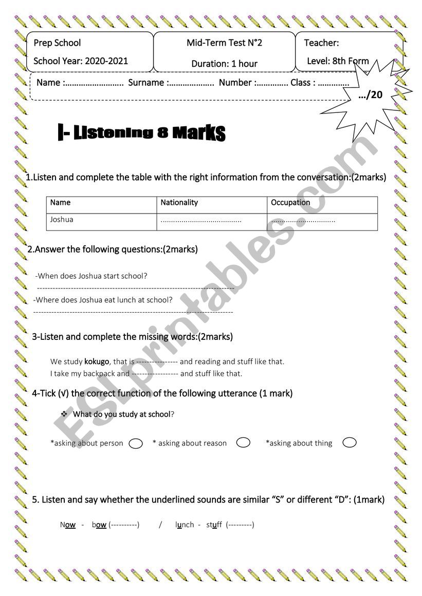 Listening Test for 8th formers 2nd Term