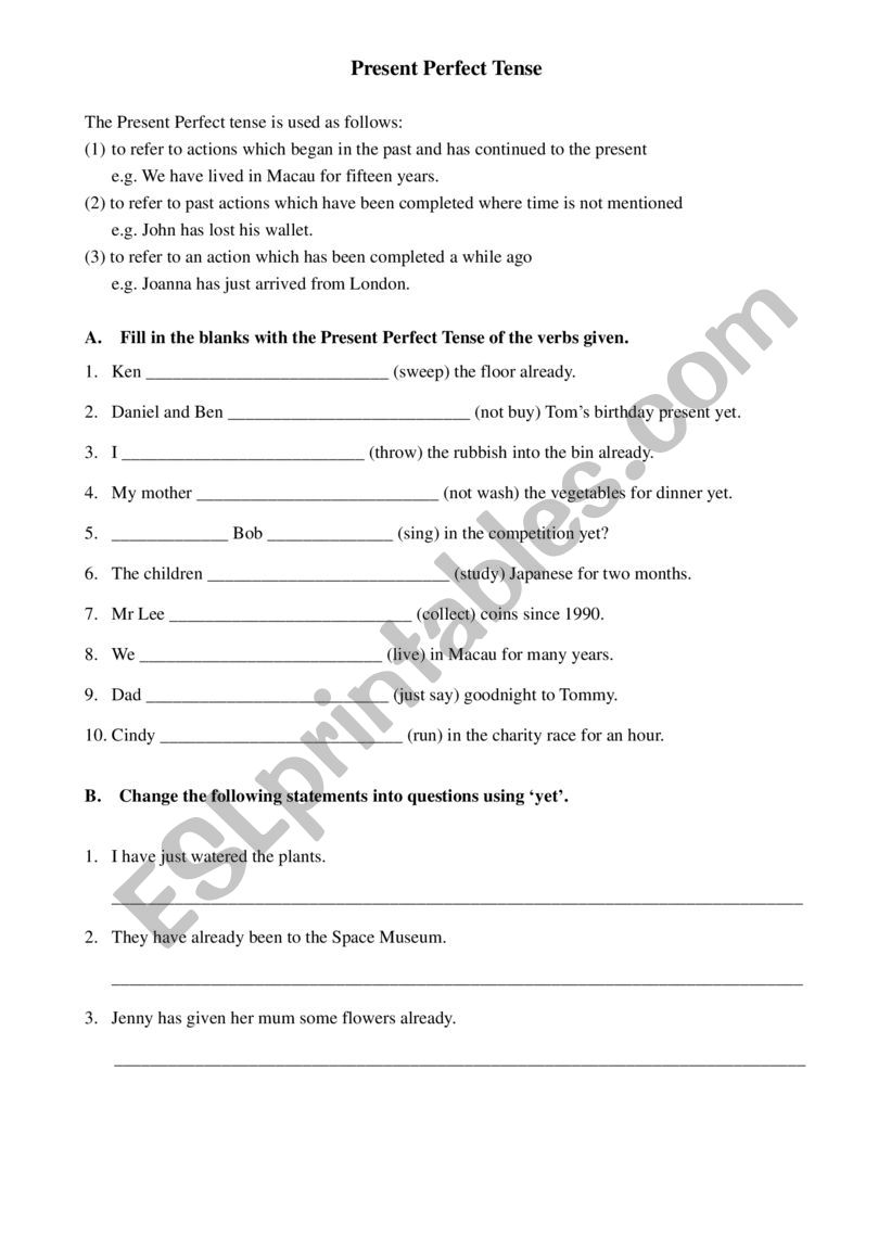 Present perfect tense worksheet