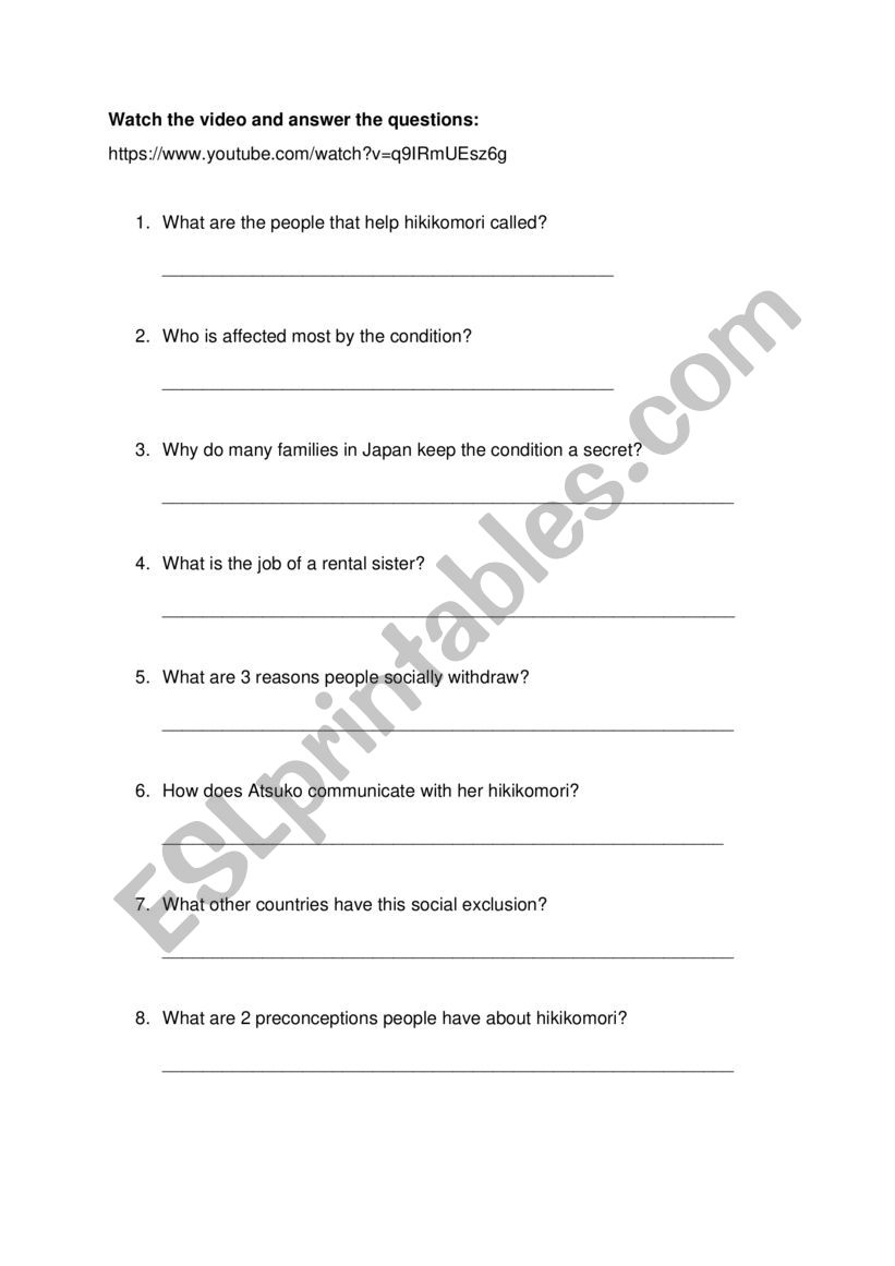 Hikikomori worksheet