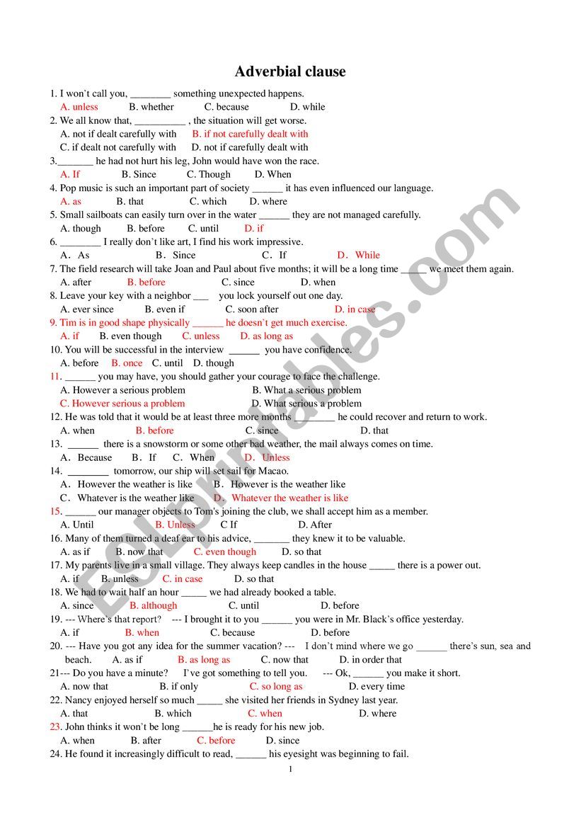 Adverbial clause worksheet