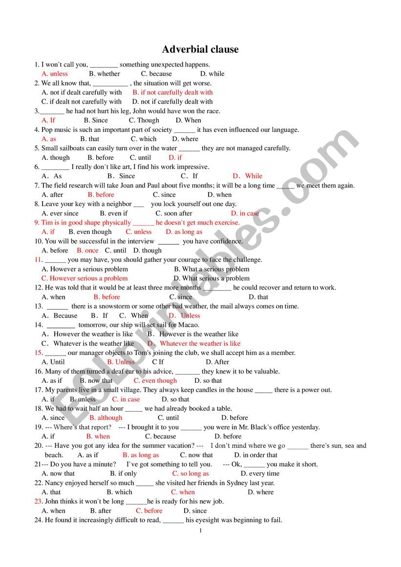 Adverbial clause worksheet