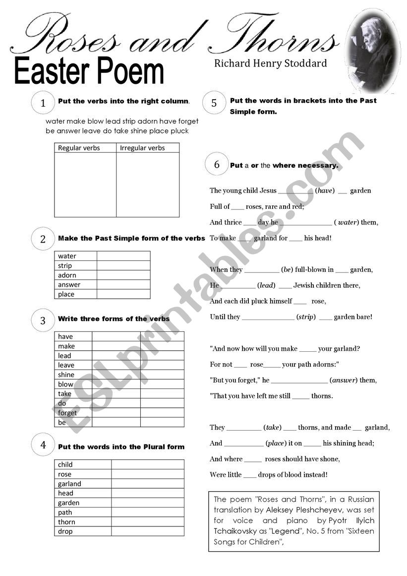 Easter Poem Roses And Thorns By Richard Henry Stoddard Irregular Verbs Past Simple Plurals Articles Esl Worksheet By Sonn