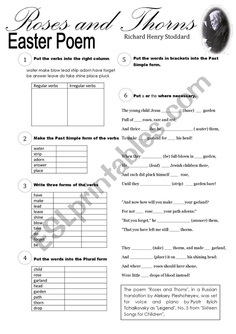 Easter Poem: Roses and Thorns by Richard Henry Stoddard (Irregular Verbs, Past Simple, Plurals, Articles)