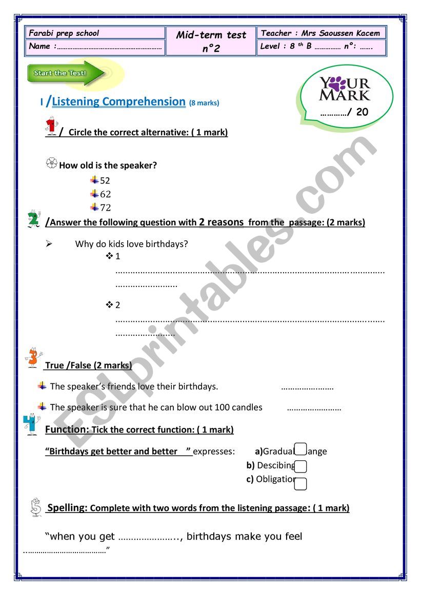 8th form Test 2 worksheet