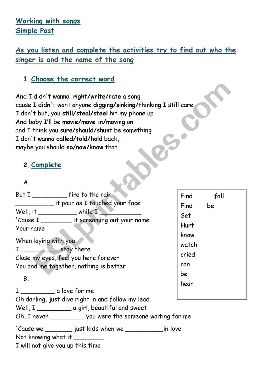 SONGS worksheet