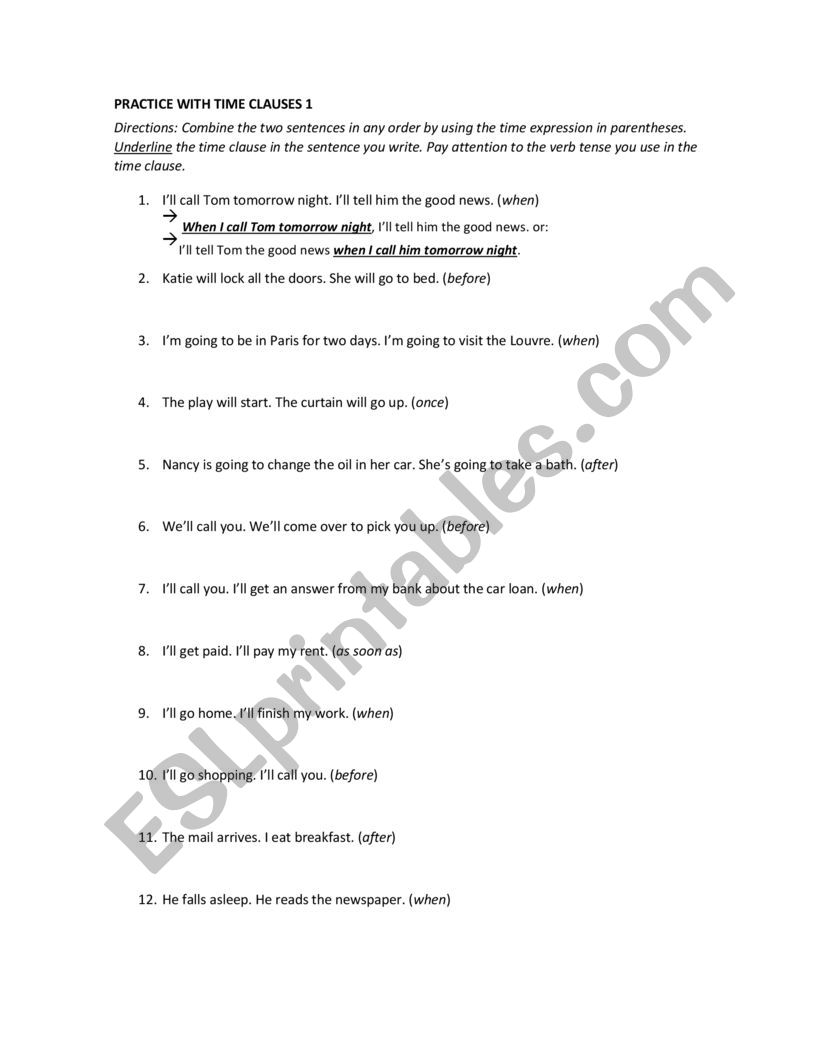 Time clauses  worksheet