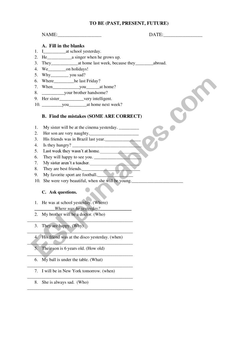 Verb to be quiz worksheet