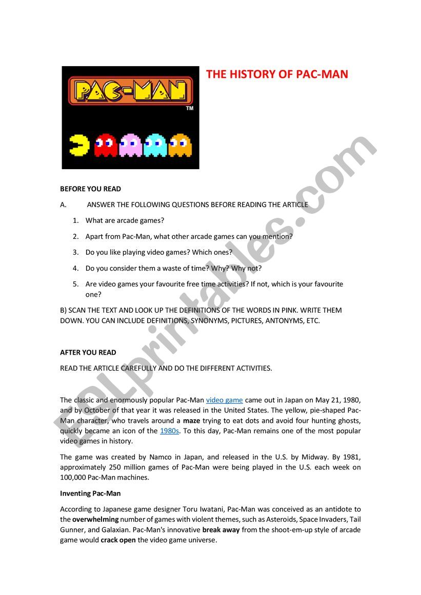 The History of Pac-Man worksheet
