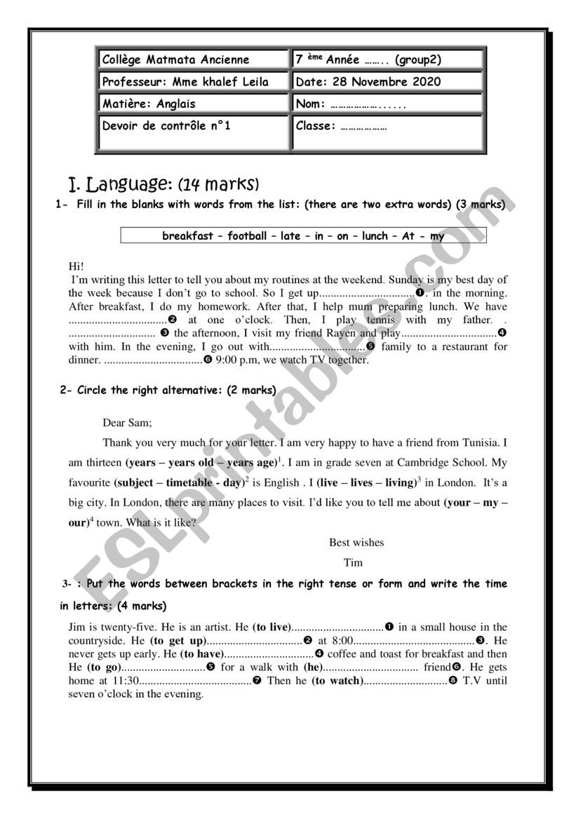 7th year mid term test worksheet