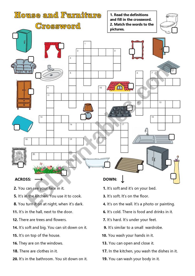 House and furniture crossword worksheet