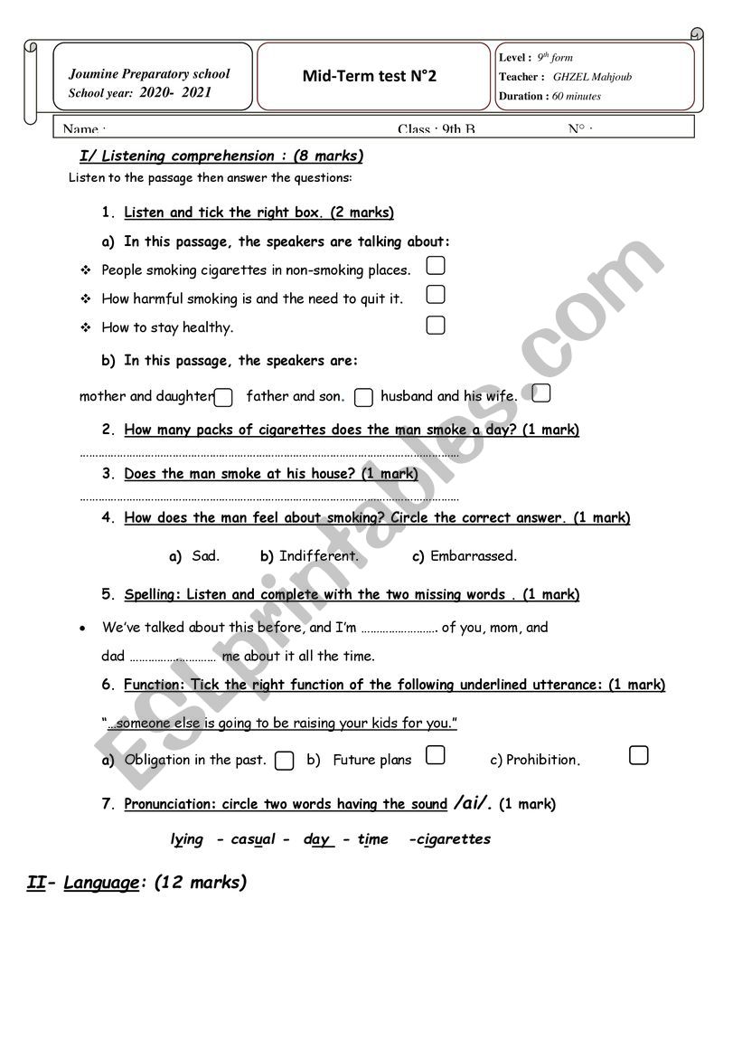 END TERM TEST N 2 9 TH worksheet