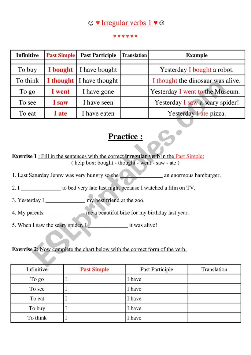 Irregular verbs worksheet