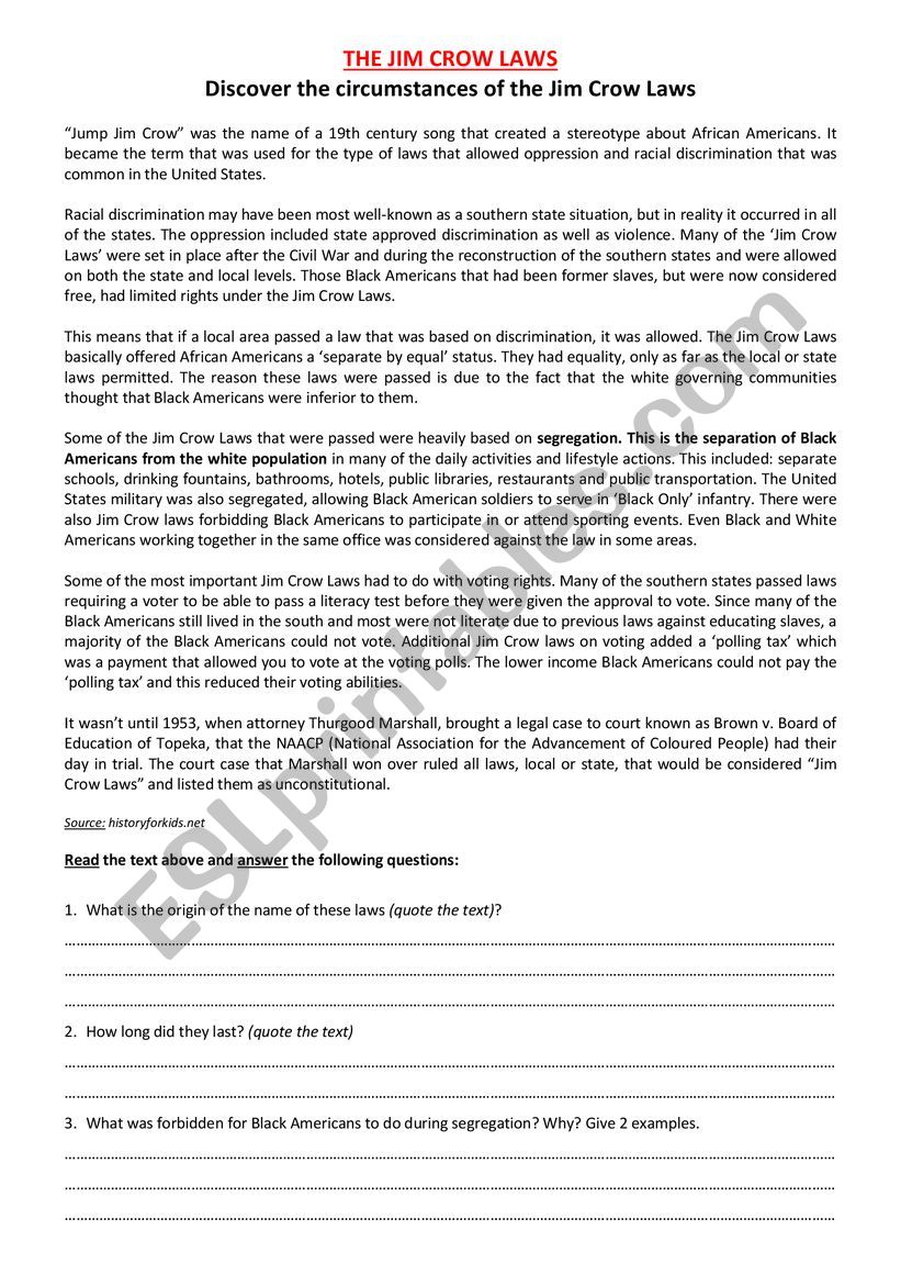 The Jim Crow Laws (Reading) worksheet